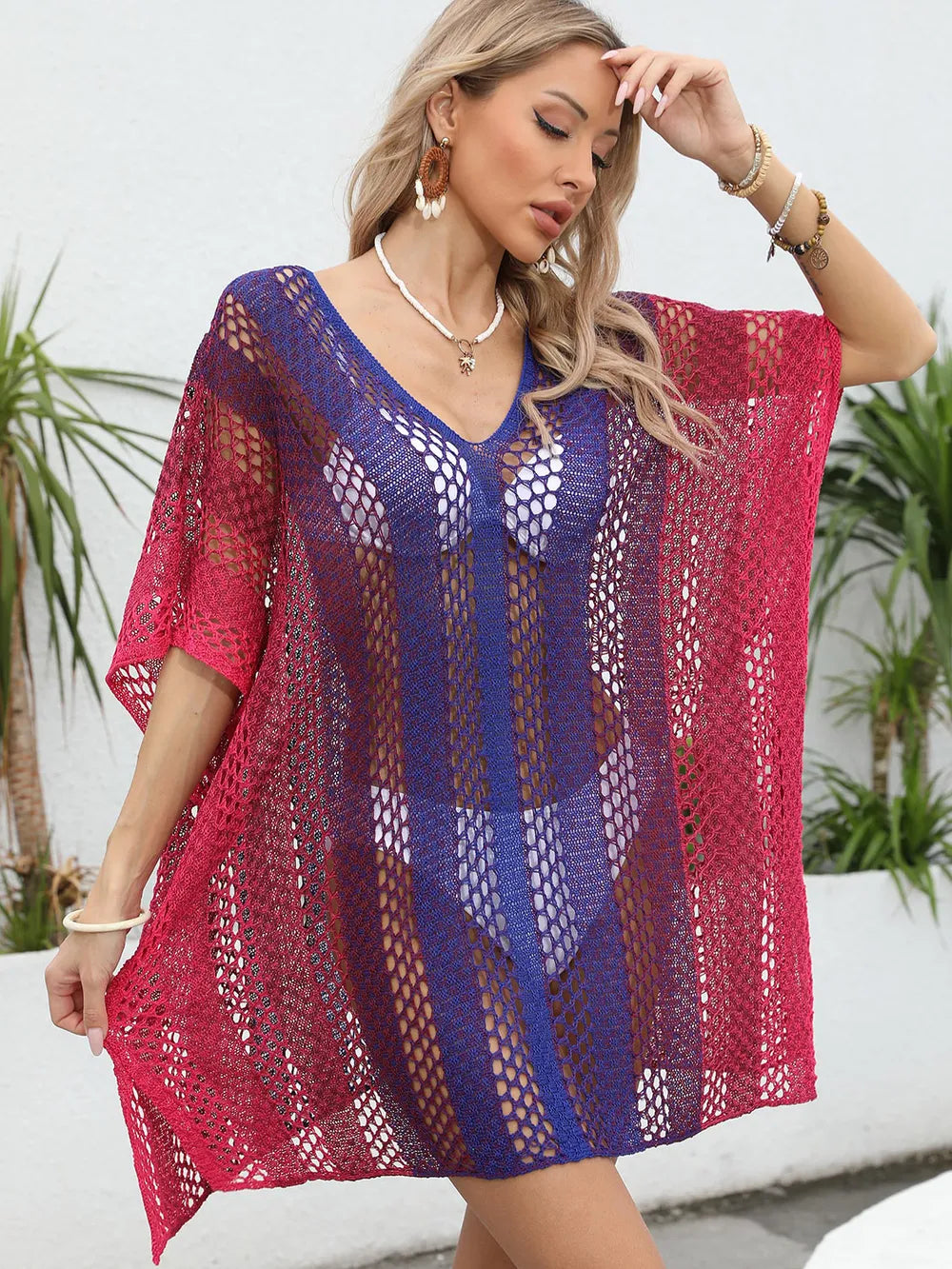 Openwork Contrast V-Neck Cover-Up - Treasured Gift's & More