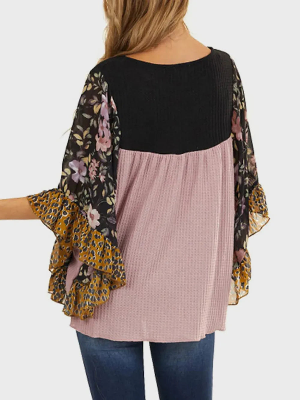 Full Size Printed Round Neck Three-Quarter Sleeve Blouse - Treasured Gift's & More