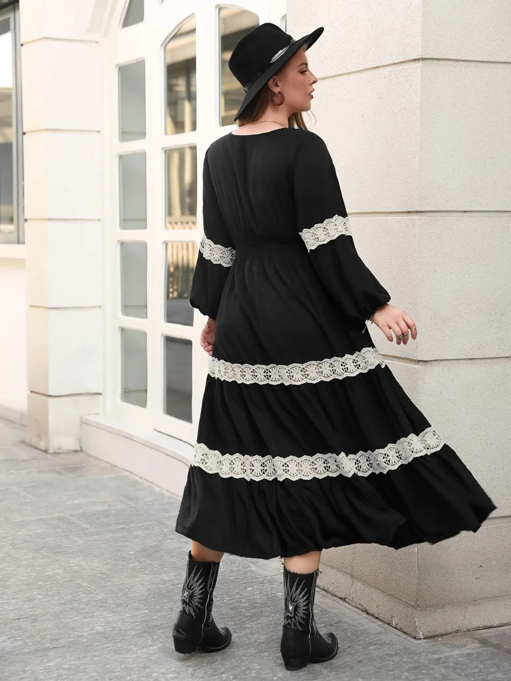 Plus Size Lace Detail V-Neck Long Sleeve Midi Dress - Treasured Gift's & More