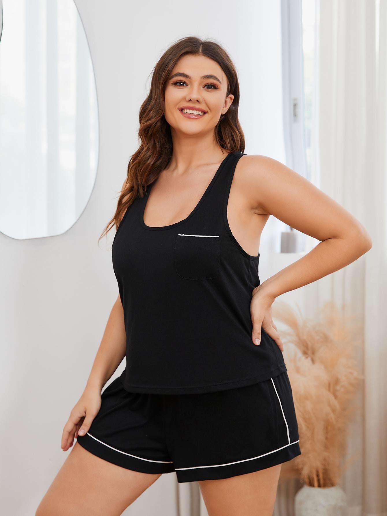 Plus Size Contrast Piping Racerback Tank and Shorts Lounge Set - Treasured Gift's & More