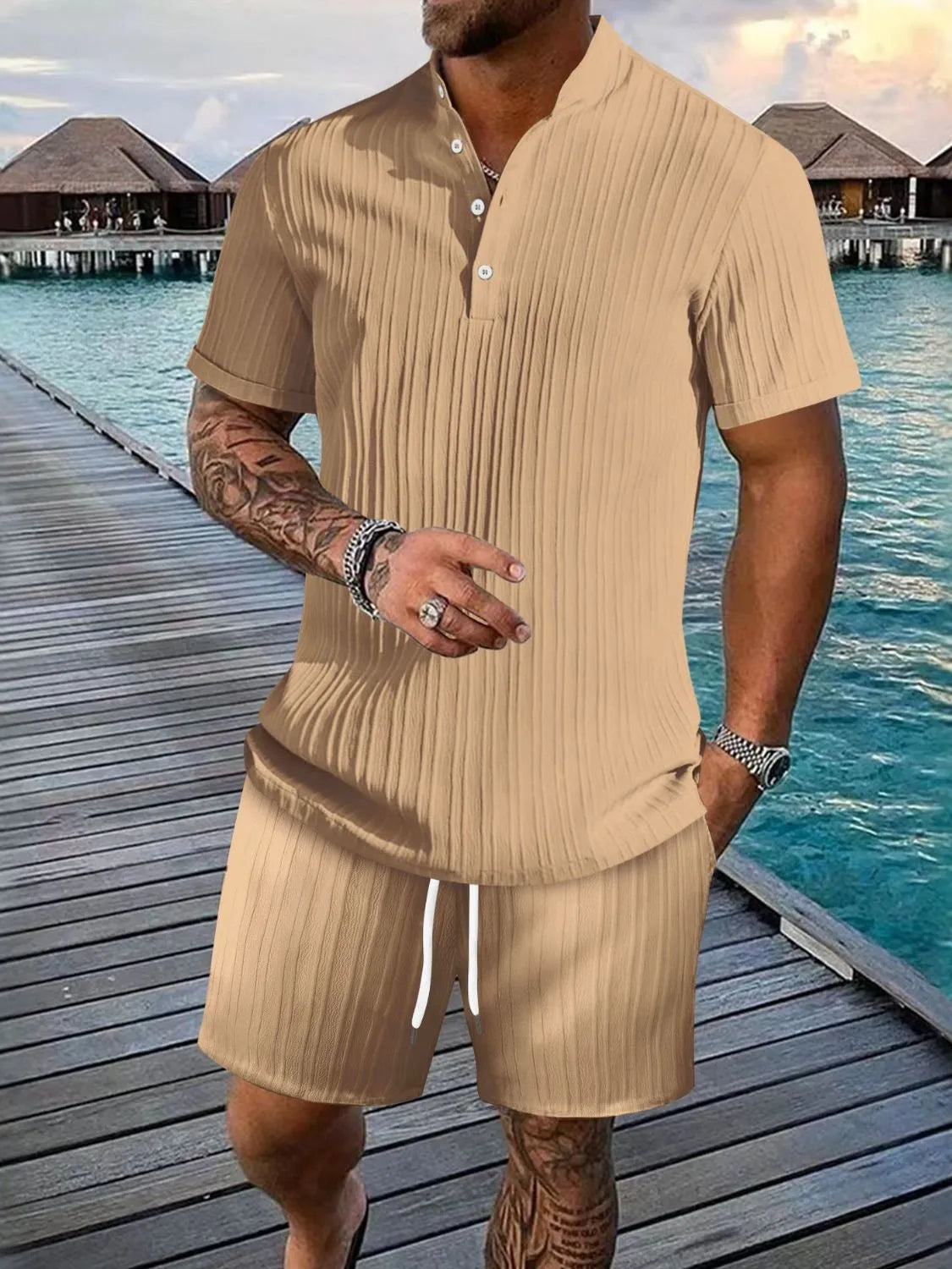 Men's Full Size Button Detail Short Sleeve Top and Shorts Set Plus Size - Treasured Gift's & More