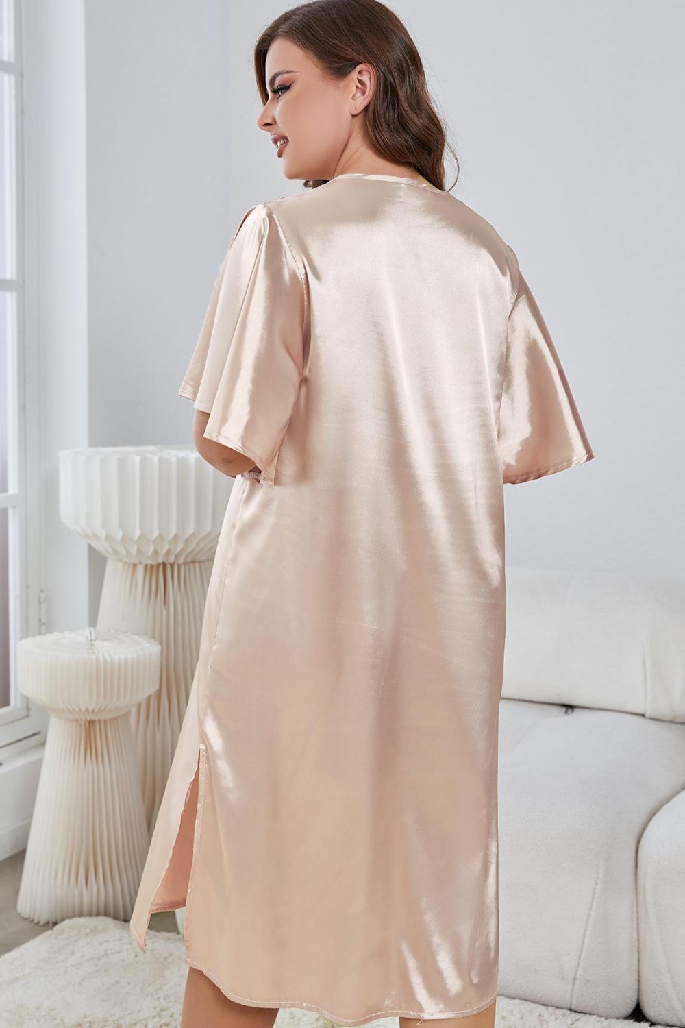 Plus Size Flutter Sleeve V-Neck Side Slit Night Gown - Treasured Gift's & More