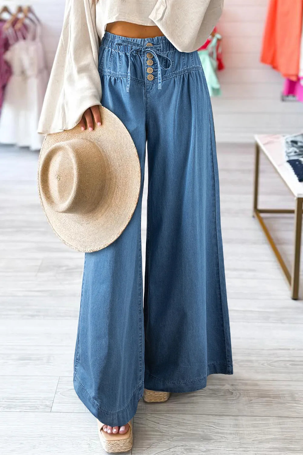 Drawstring Elastic Waist Wide Leg Jeans - Treasured Gift's & More