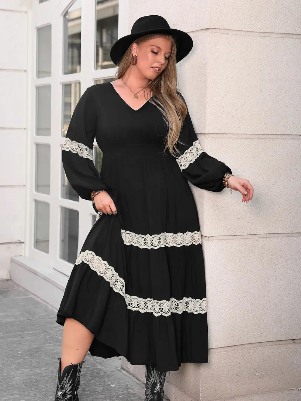 Plus Size Lace Detail V-Neck Long Sleeve Midi Dress - Treasured Gift's & More