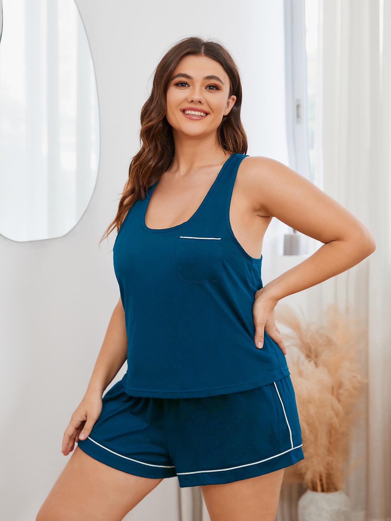 Plus Size Contrast Piping Racerback Tank and Shorts Lounge Set - Treasured Gift's & More