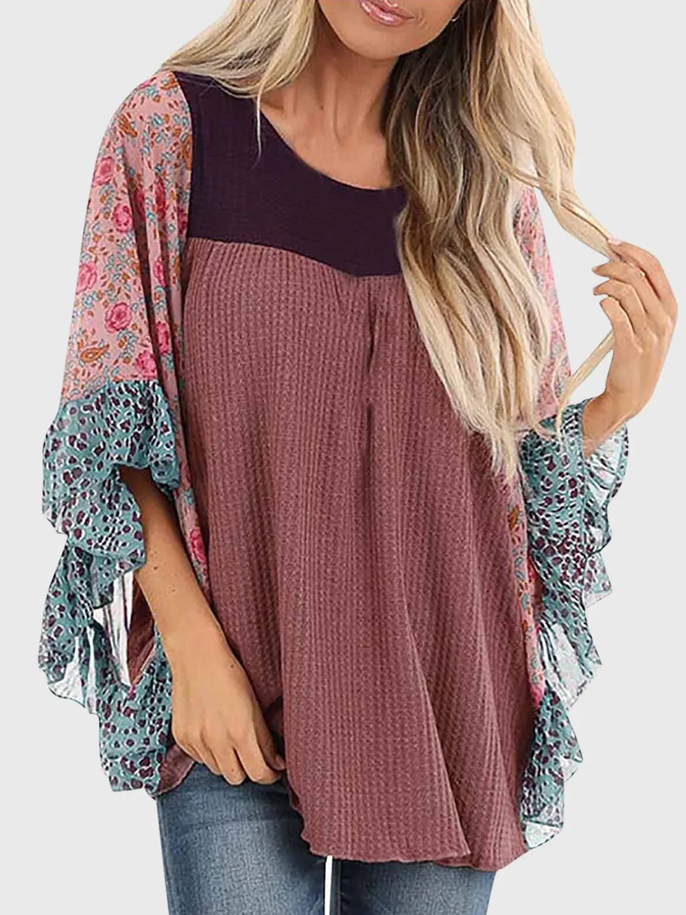 Full Size Printed Round Neck Three-Quarter Sleeve Blouse - Treasured Gift's & More