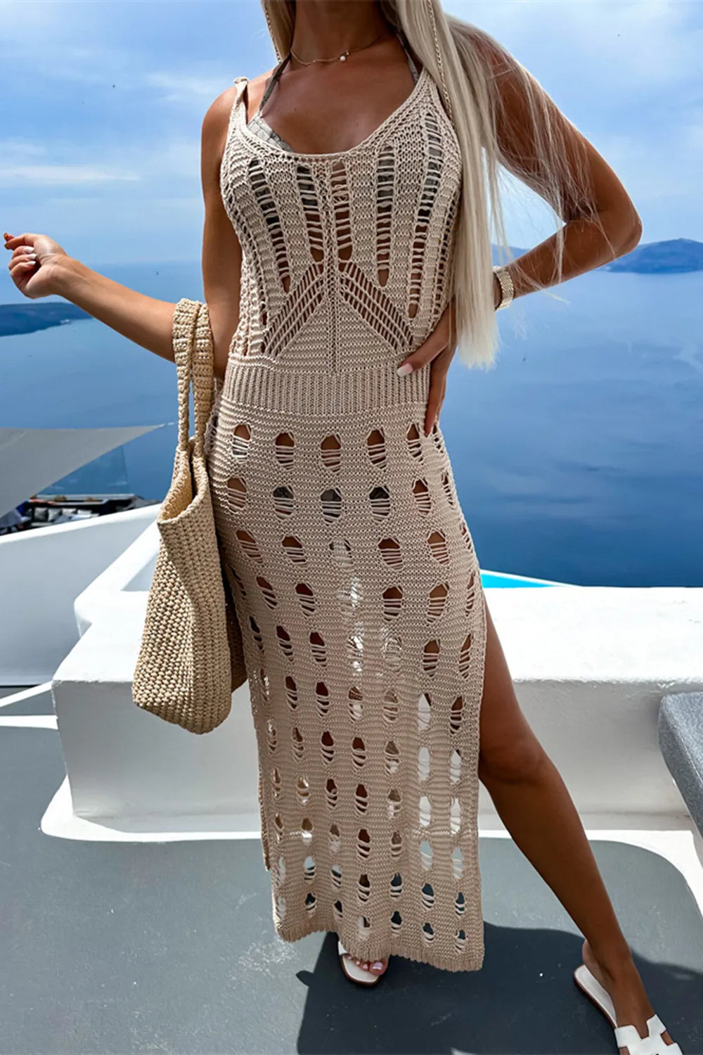 Openwork Slit Scoop Neck Sleeveless Cover Up - Treasured Gift's & More