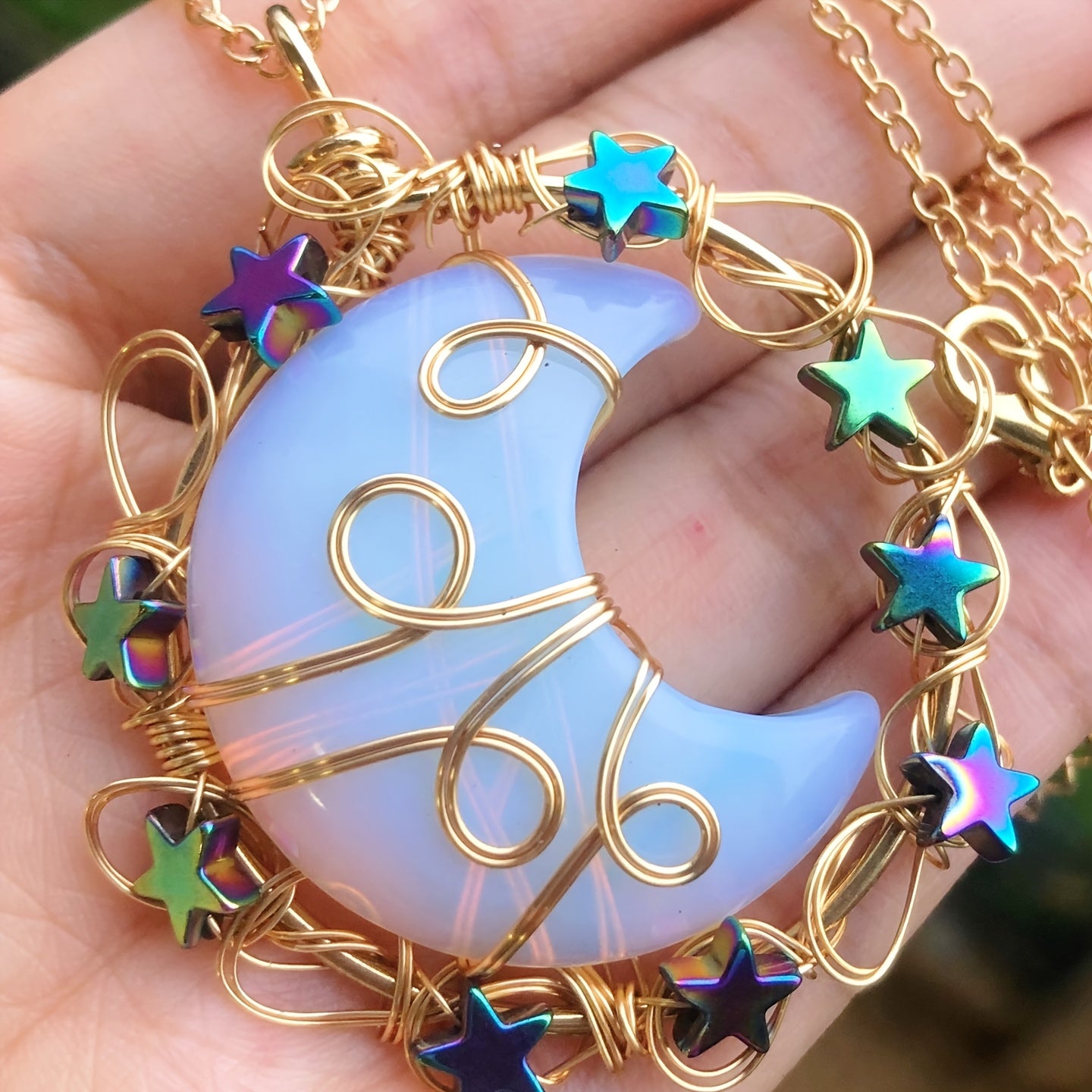 Natural Gems Stone Moon Star Crystal Pendant Necklace
