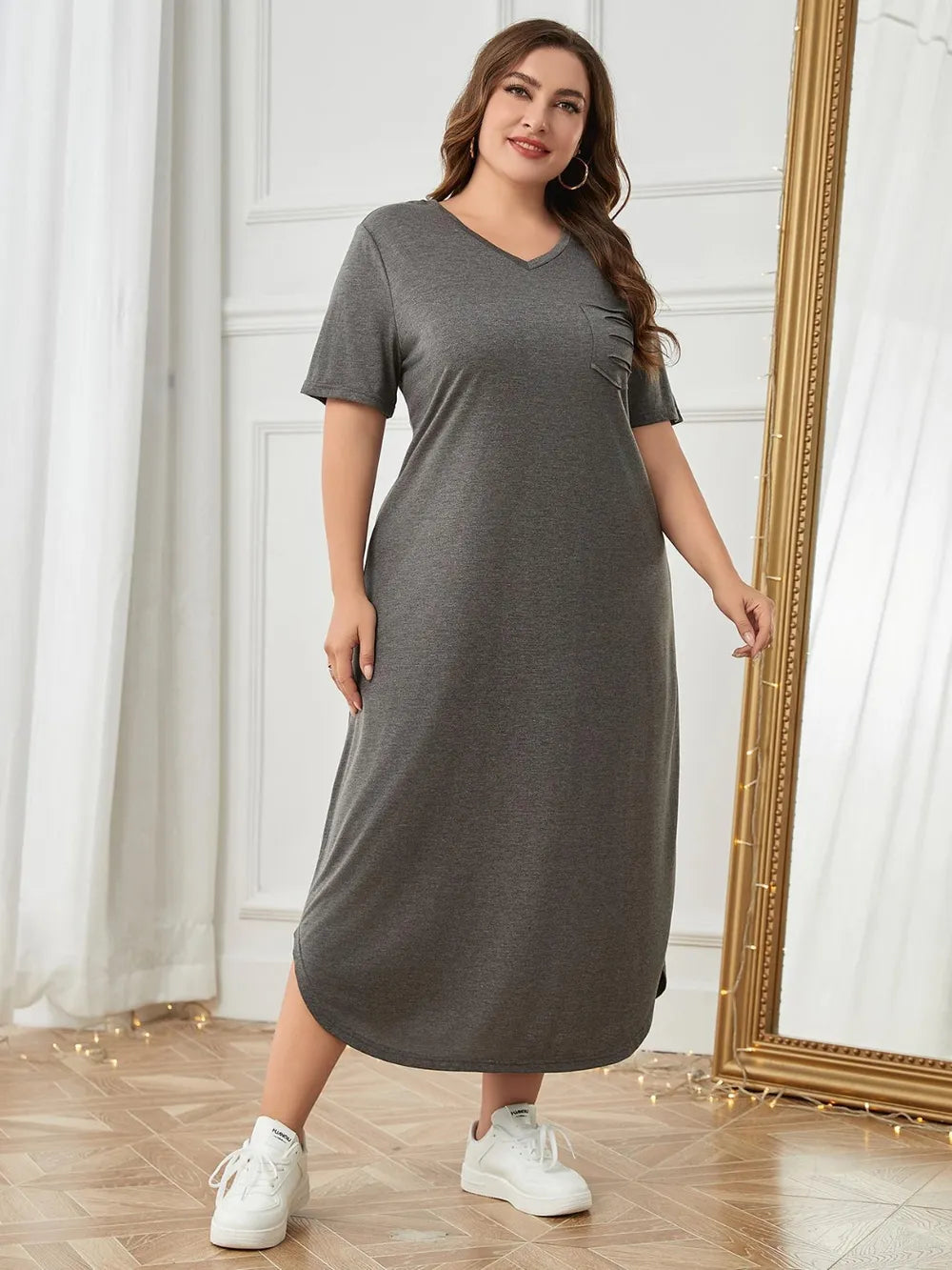 Plus Size Pocketed V-Neck Short Sleeve Lounge Dress - Treasured Gift's & More