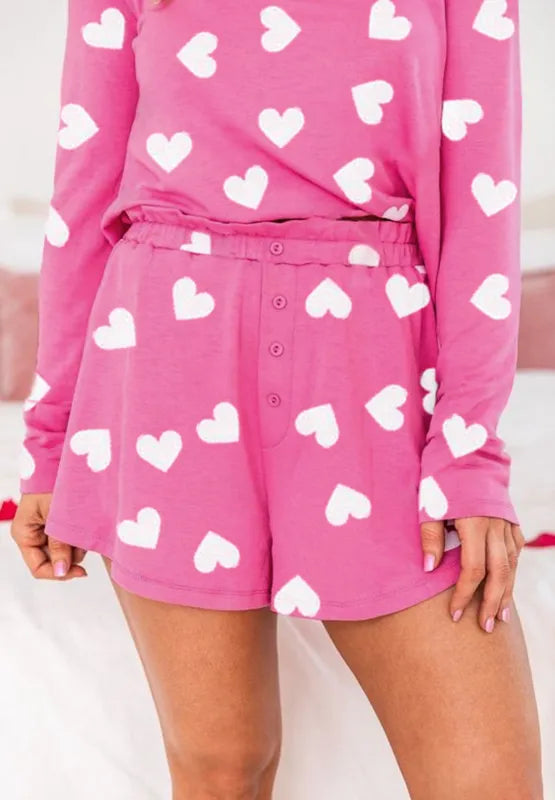 Heart Round Neck Long Sleeve Top and Elastic Waist Shorts Set - Treasured Gift's & More