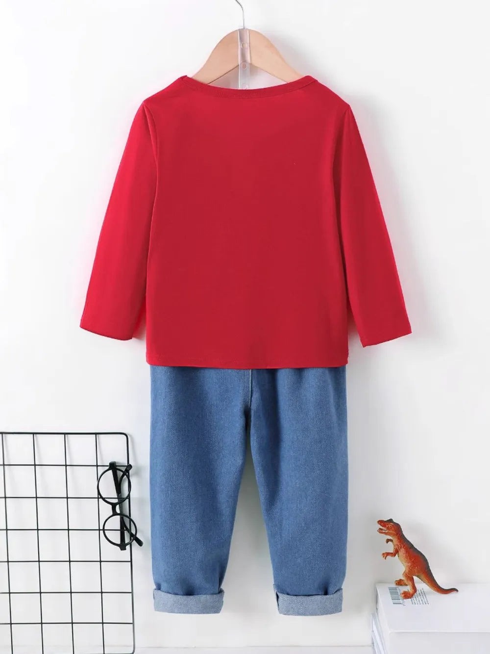 Dinosaur Round Neck Long Sleeve Top and Distressed Pants Set - Treasured Gift's & More