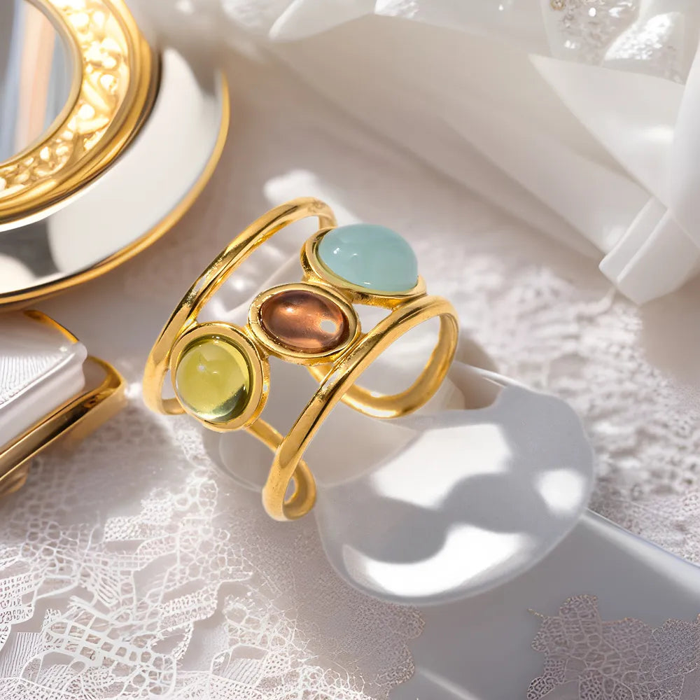 18K Gold-Plated Gemstone Open Cuff Ring - Treasured Gift's & More