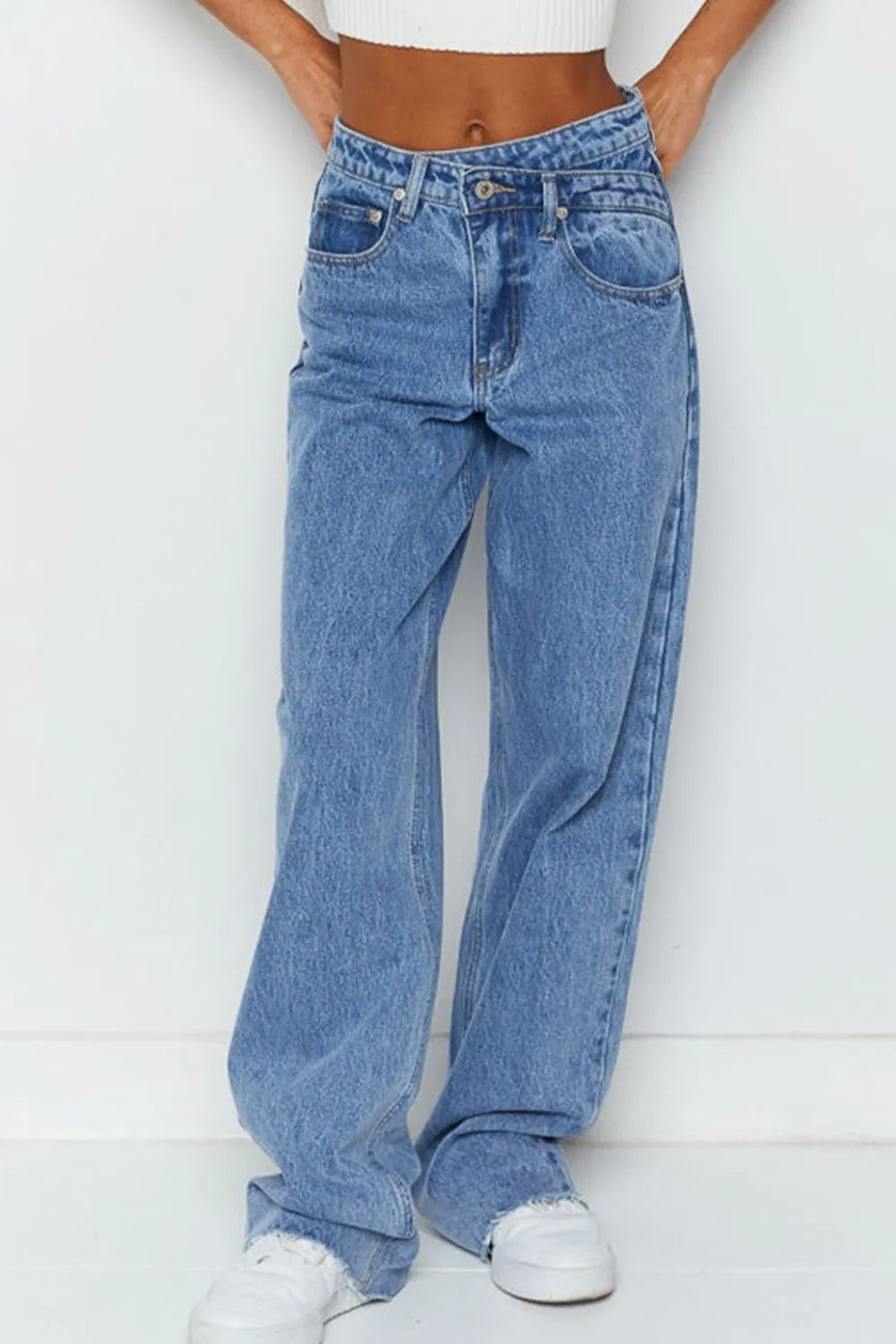 Mid Rise Asymmetrical Waist Wide Leg Jeans - Treasured Gift's & More