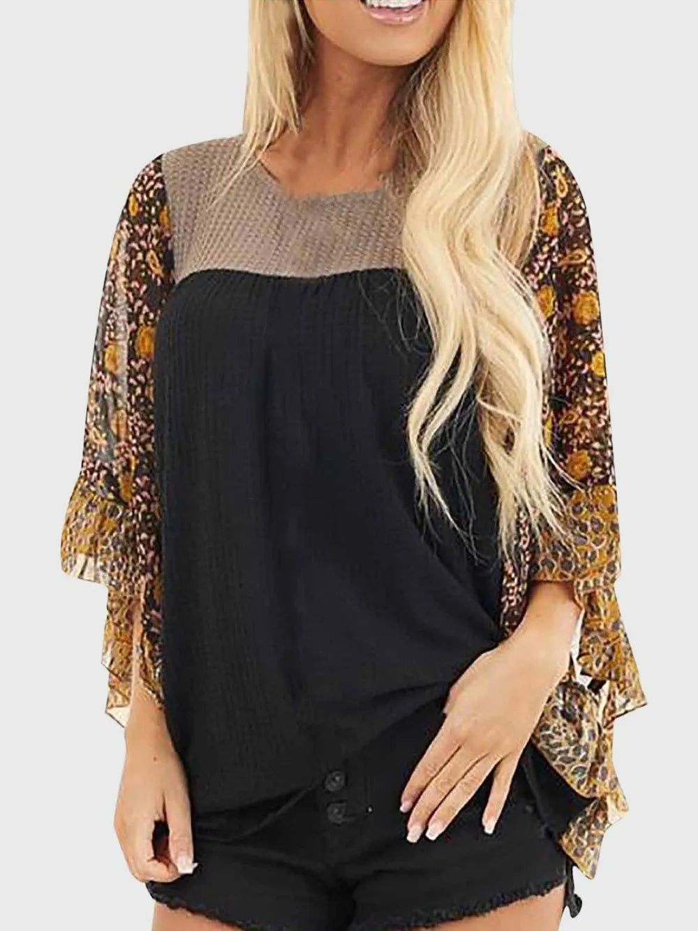 Full Size Printed Round Neck Three-Quarter Sleeve Blouse - Treasured Gift's & More