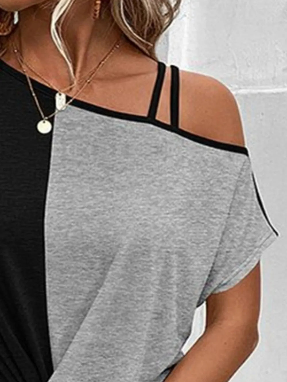 Contrast Asymmetrical Neck Short Sleeve T-Shirt - Treasured Gift's & More