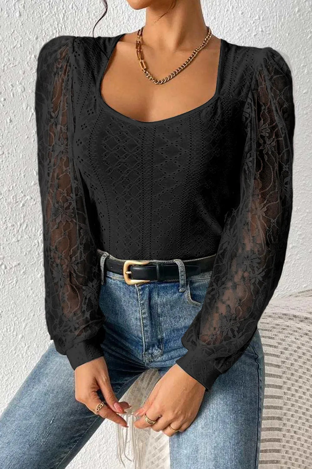 Eyelet Lace Long Sleeve Bodysuit - Treasured Gift's & More
