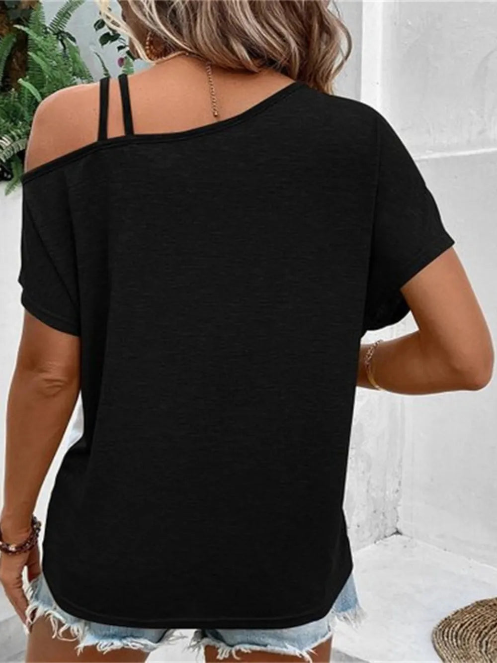 Contrast Asymmetrical Neck Short Sleeve T-Shirt - Treasured Gift's & More