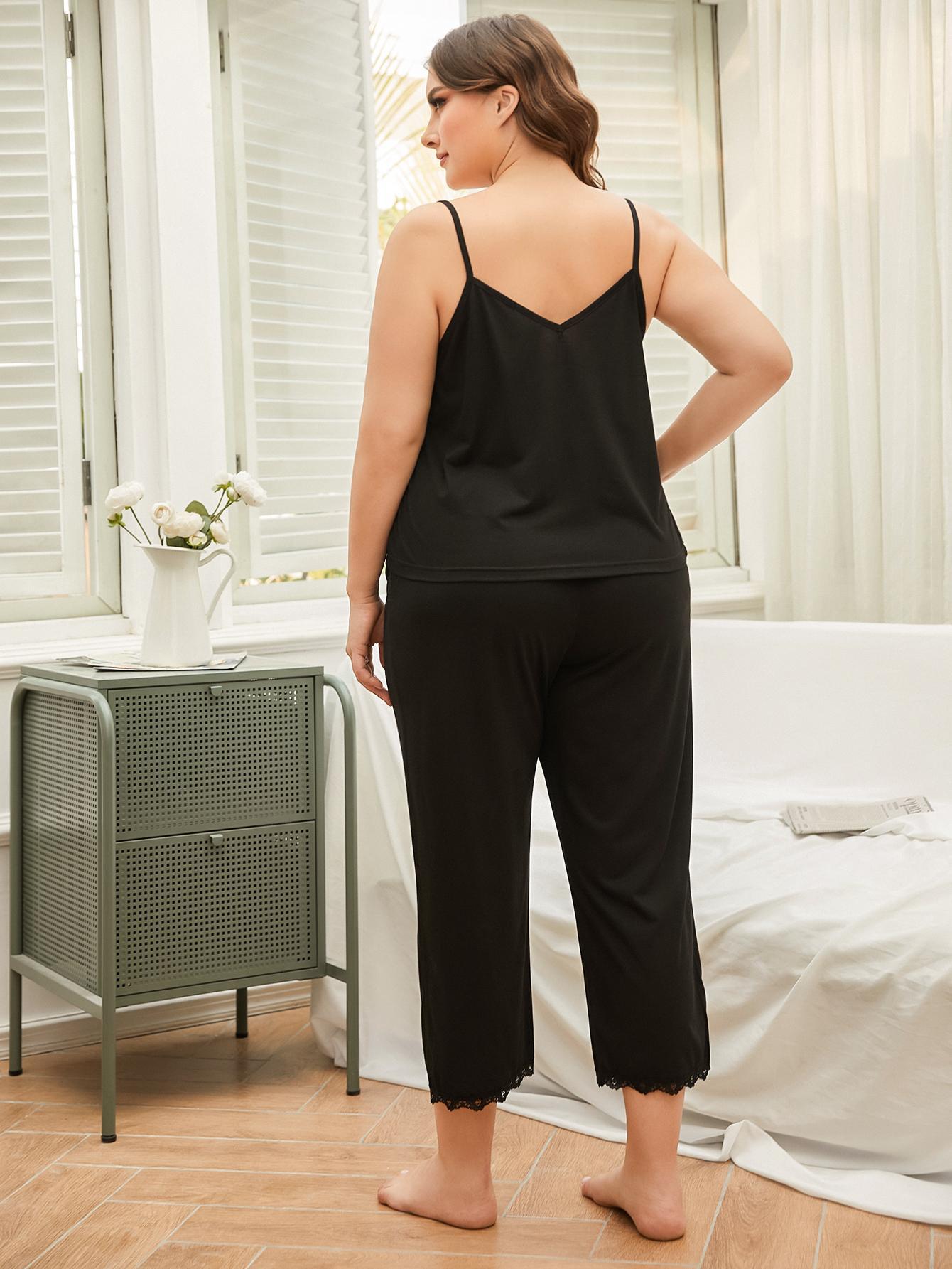 Plus Size Lace Trim Slit Cami and Pants Pajama Set - Treasured Gift's & More