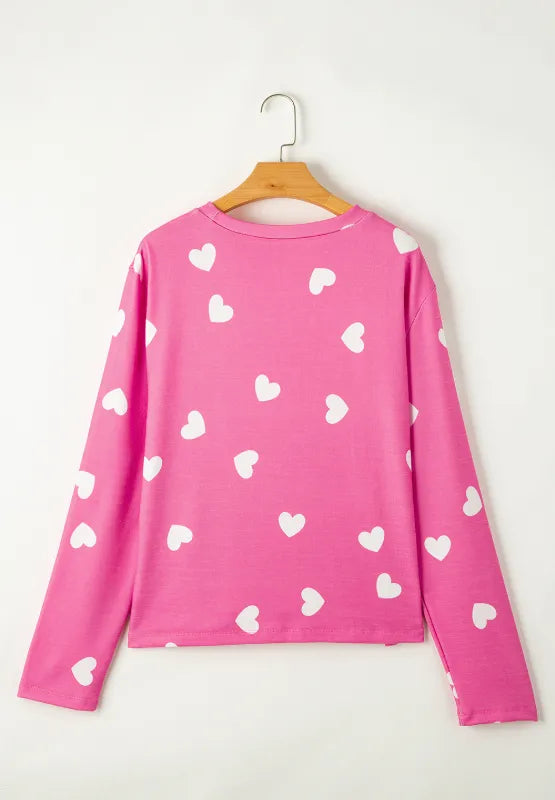 Heart Round Neck Long Sleeve Top and Elastic Waist Shorts Set - Treasured Gift's & More