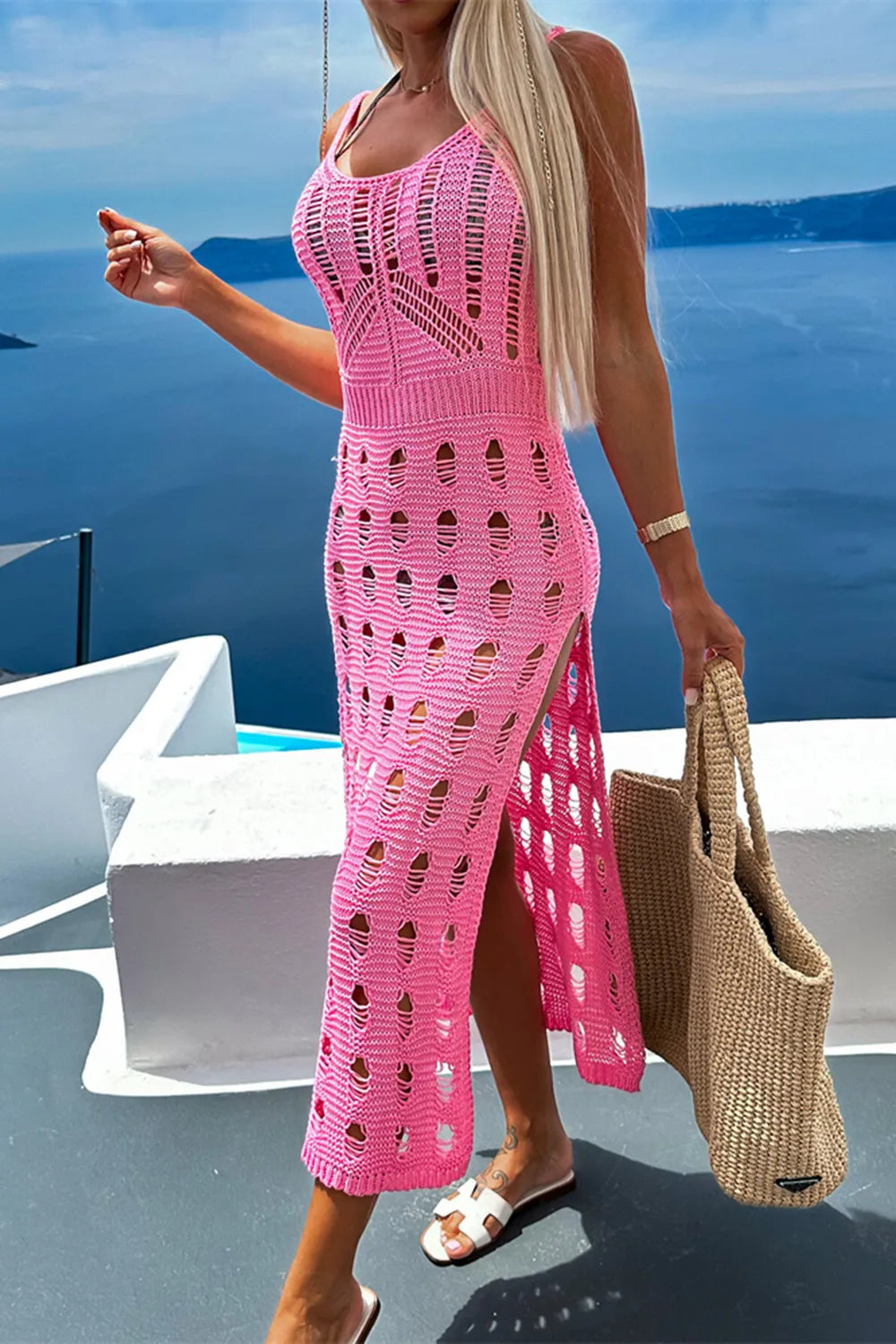 Openwork Slit Scoop Neck Sleeveless Cover Up - Treasured Gift's & More