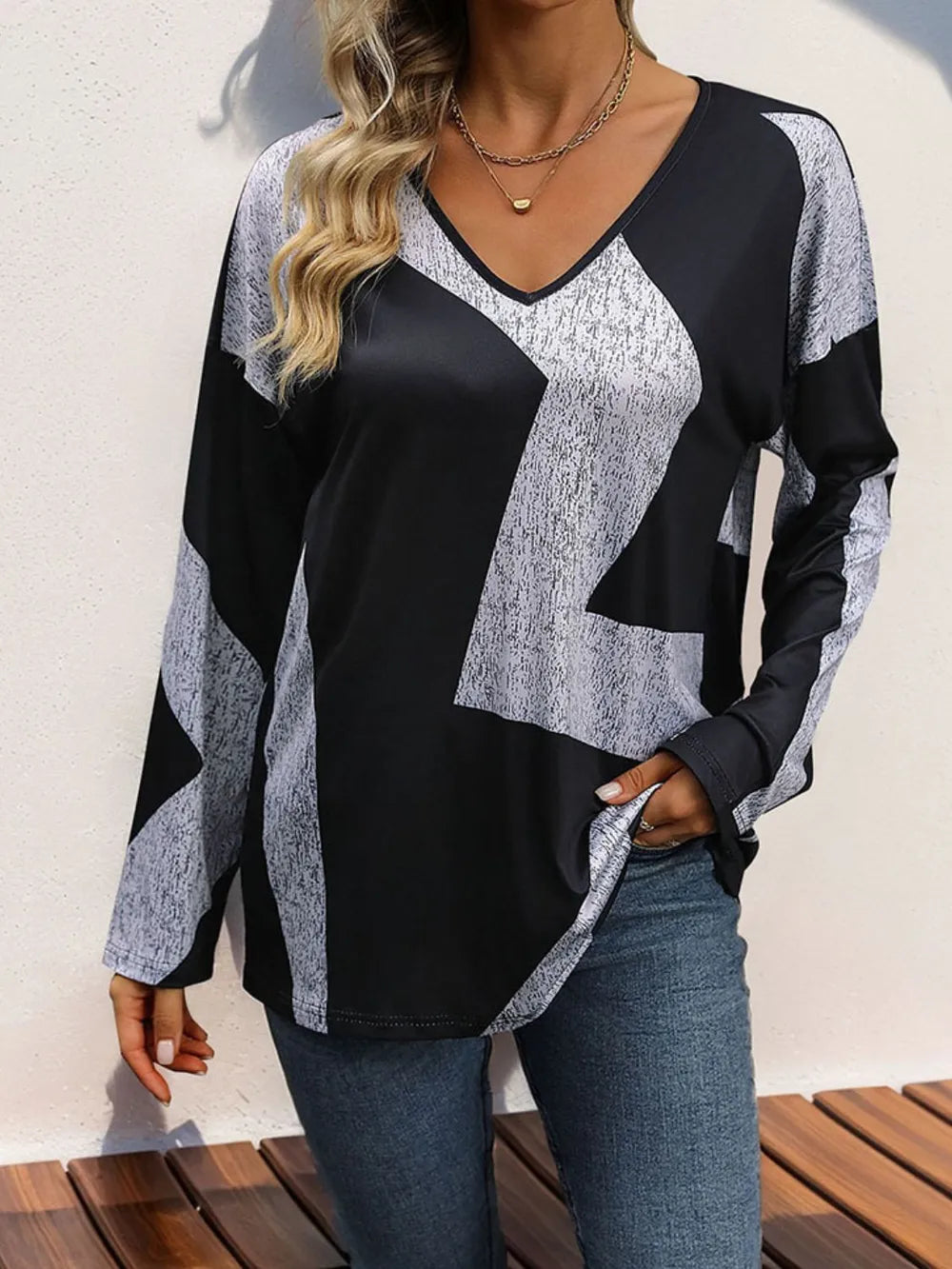 Perfee Color Block V-Neck Long Sleeve T-Shirt - Treasured Gift's & More