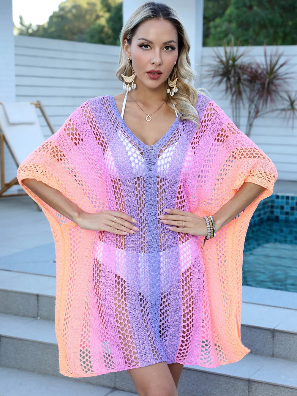 Openwork Contrast V-Neck Cover-Up - Treasured Gift's & More