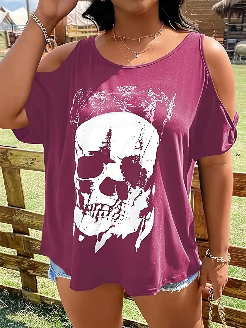 Plus Size Skeleton Graphic Round Neck Cold Shoulder T-Shirt - Treasured Gift's & More