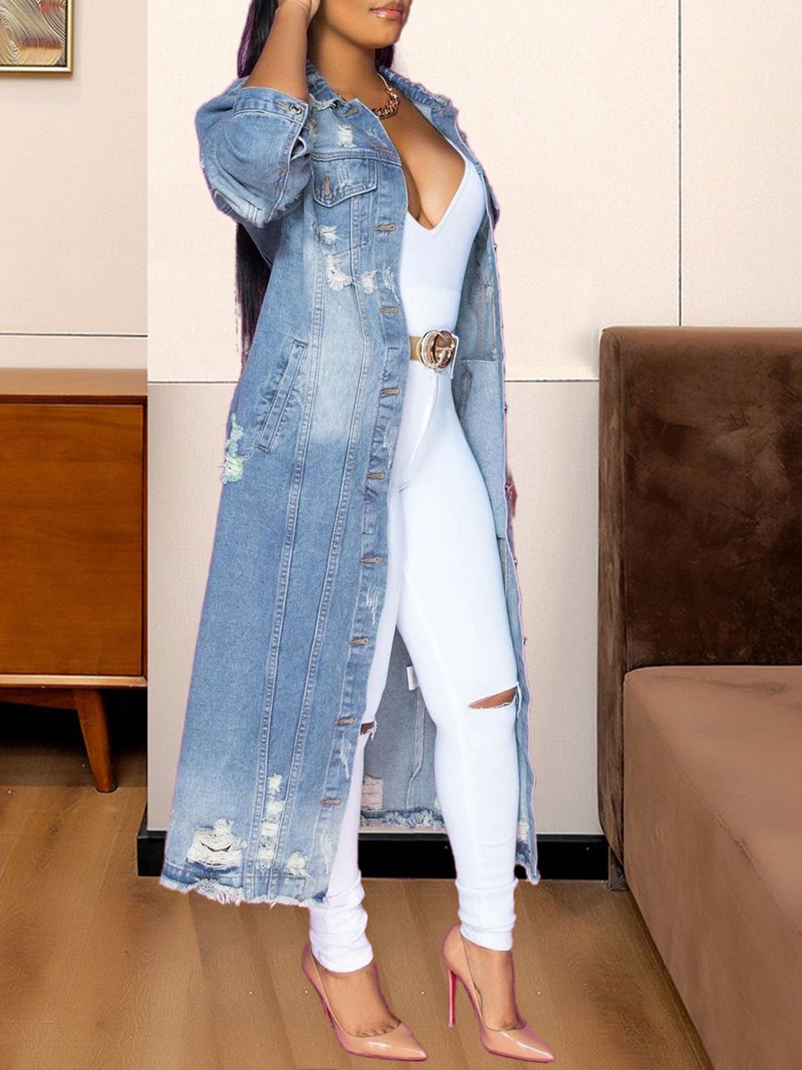 Long Sleeve Raw Hem Denim Jacket - Treasured Gift's & More