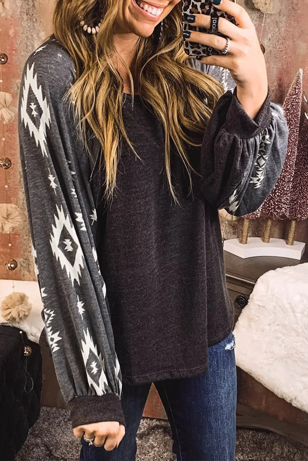 Geometric Round Neck Long Sleeve T-Shirt - Treasured Gift's & More