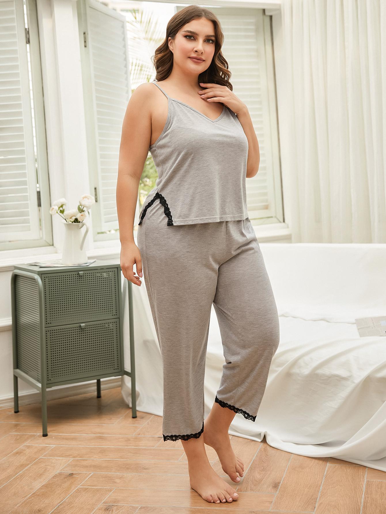 Plus Size Lace Trim Slit Cami and Pants Pajama Set - Treasured Gift's & More