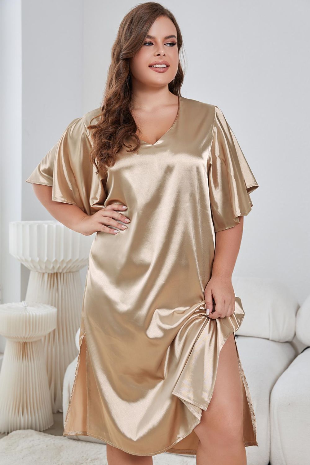 Plus Size Flutter Sleeve V-Neck Side Slit Night Gown - Treasured Gift's & More