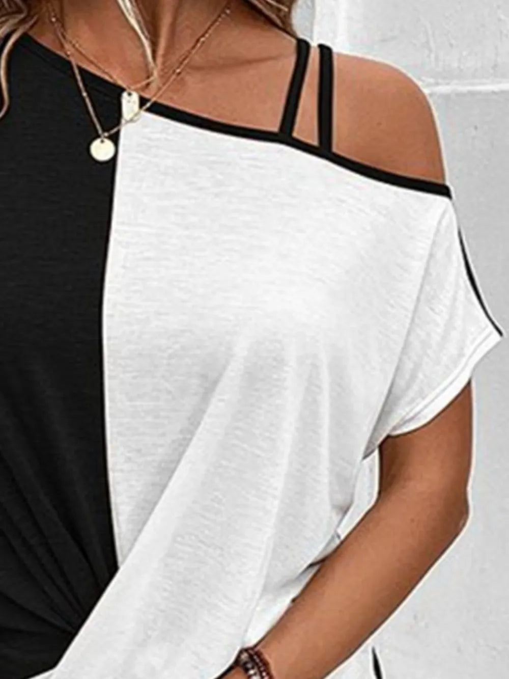 Contrast Asymmetrical Neck Short Sleeve T-Shirt - Treasured Gift's & More