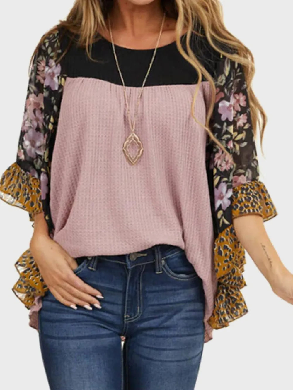 Full Size Printed Round Neck Three-Quarter Sleeve Blouse - Treasured Gift's & More