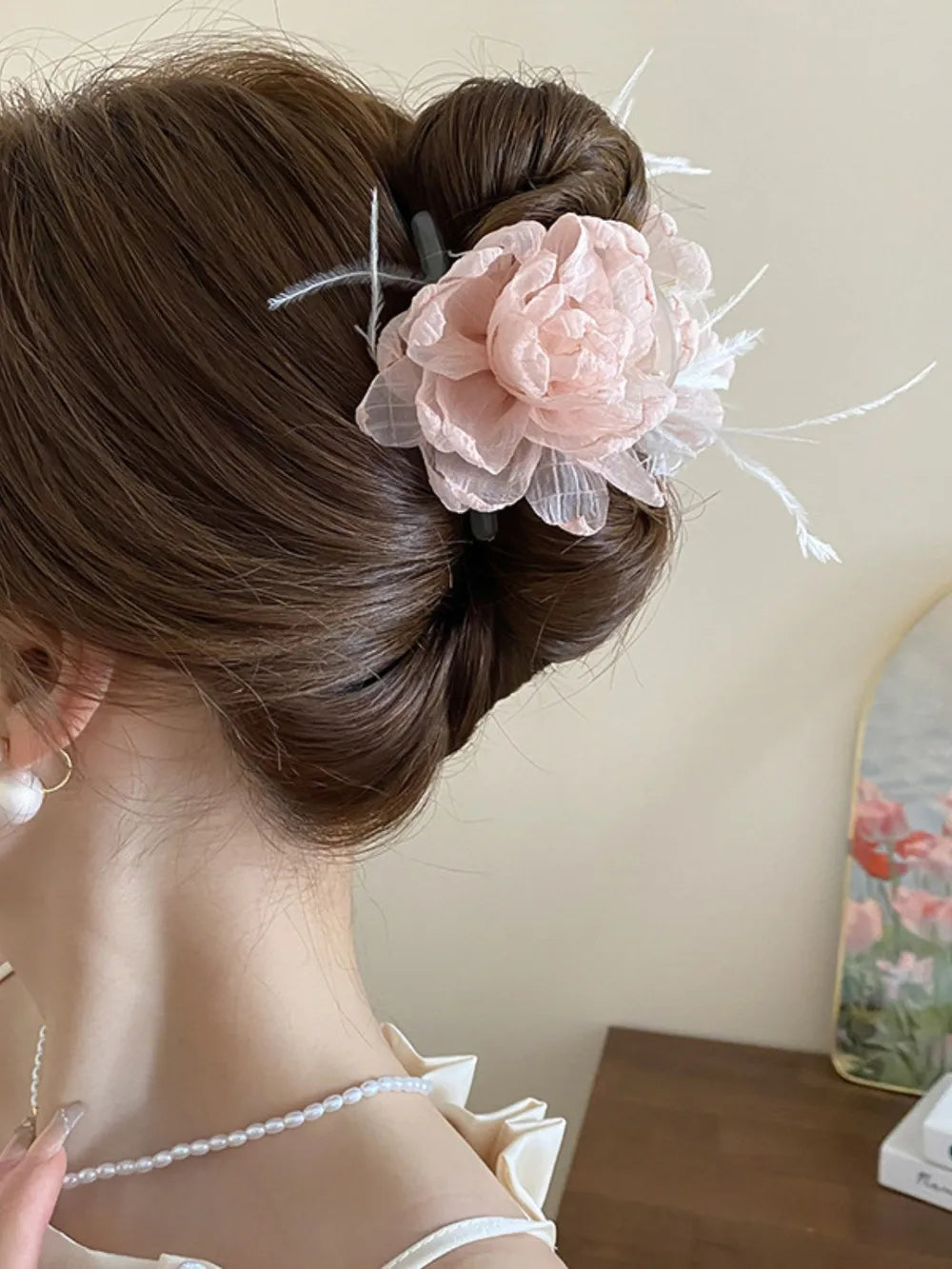 Feather Trim Flower Shape Hair Claw Clip - Treasured Gift's & More