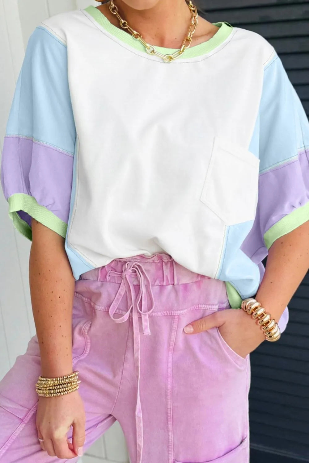 Color Block Patchwork Half Sleeve Oversized T Shirt - Treasured Gift's & More
