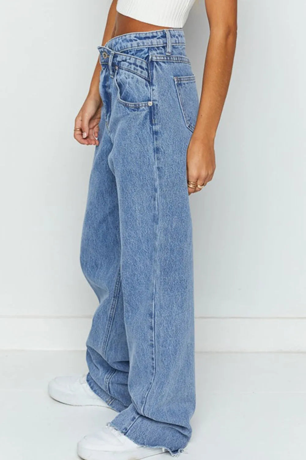 Mid Rise Asymmetrical Waist Wide Leg Jeans - Treasured Gift's & More