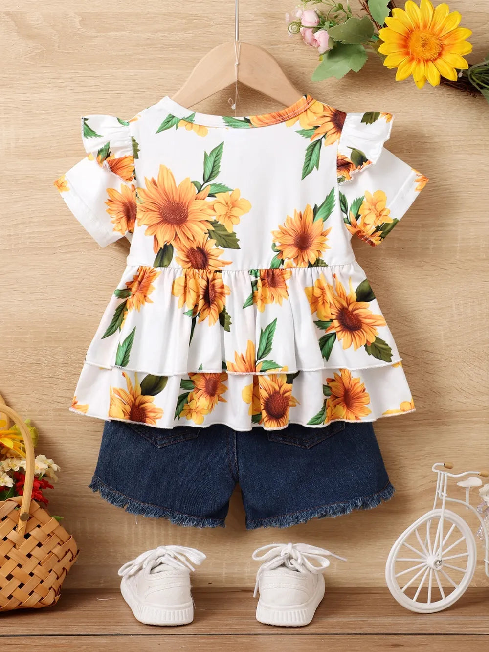 Children's Sunflower Ruffled Short Sleeve Top and Shorts Set - Treasured Gift's & More