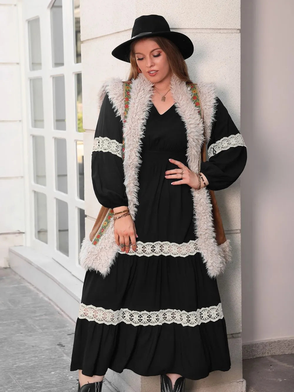Plus Size Lace Detail V-Neck Long Sleeve Midi Dress - Treasured Gift's & More