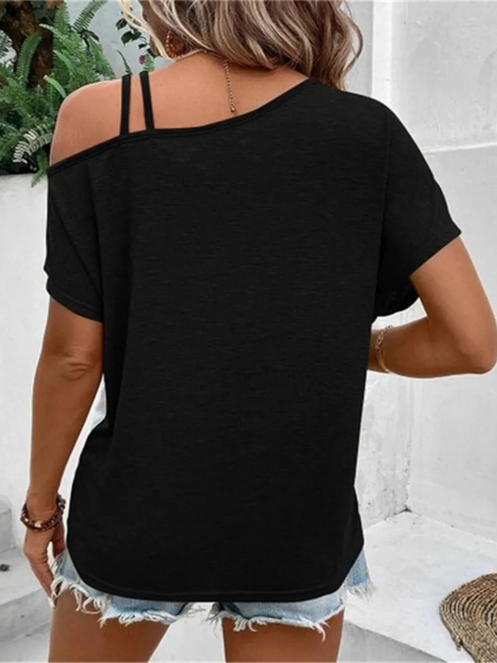 Contrast Asymmetrical Neck Short Sleeve T-Shirt - Treasured Gift's & More