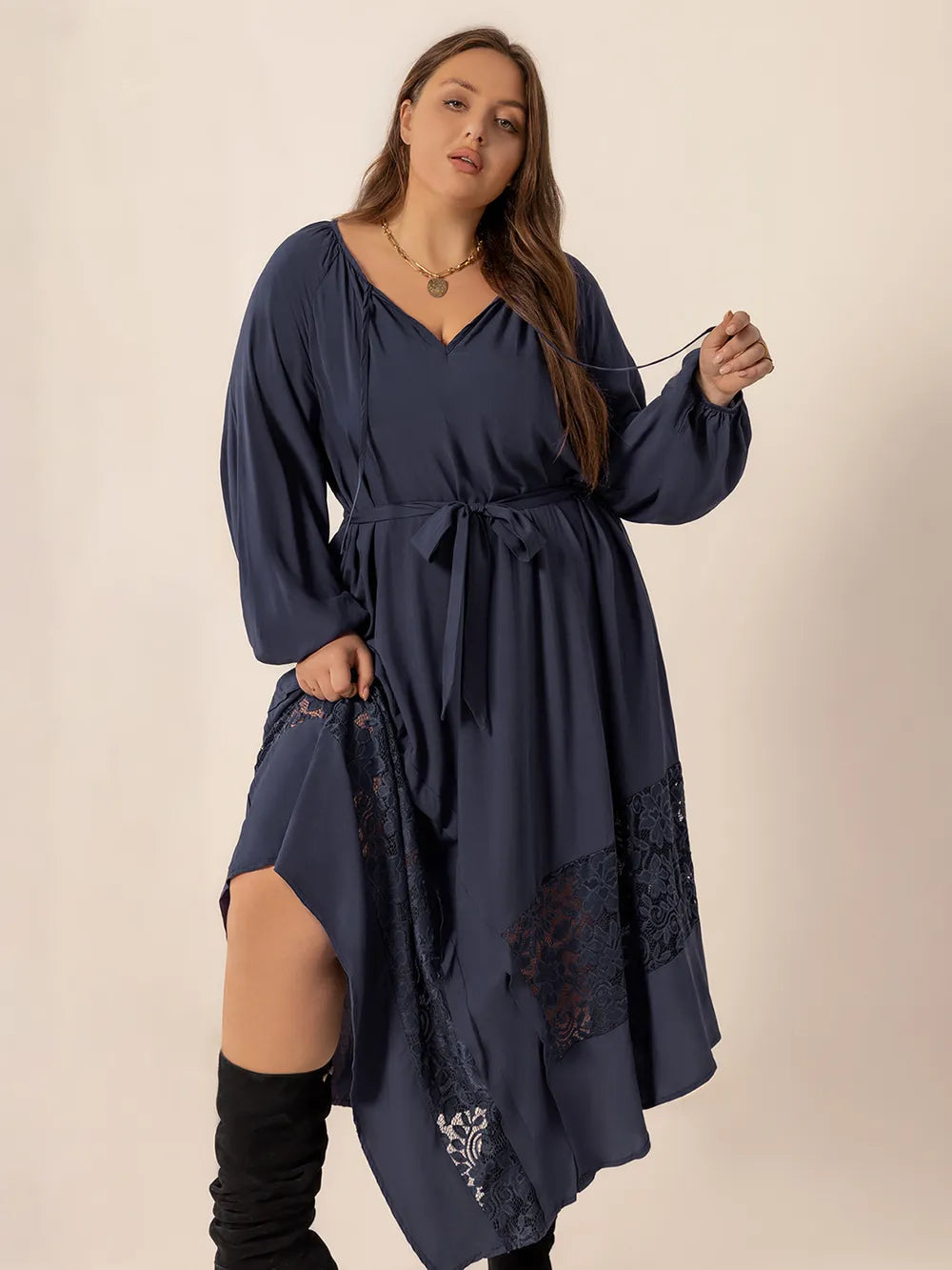 Plus Size Lace Detail Tie Neck Long Sleeve Midi Dress - Treasured Gift's & More