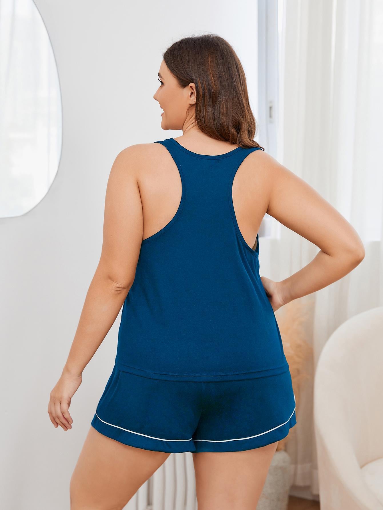 Plus Size Contrast Piping Racerback Tank and Shorts Lounge Set - Treasured Gift's & More