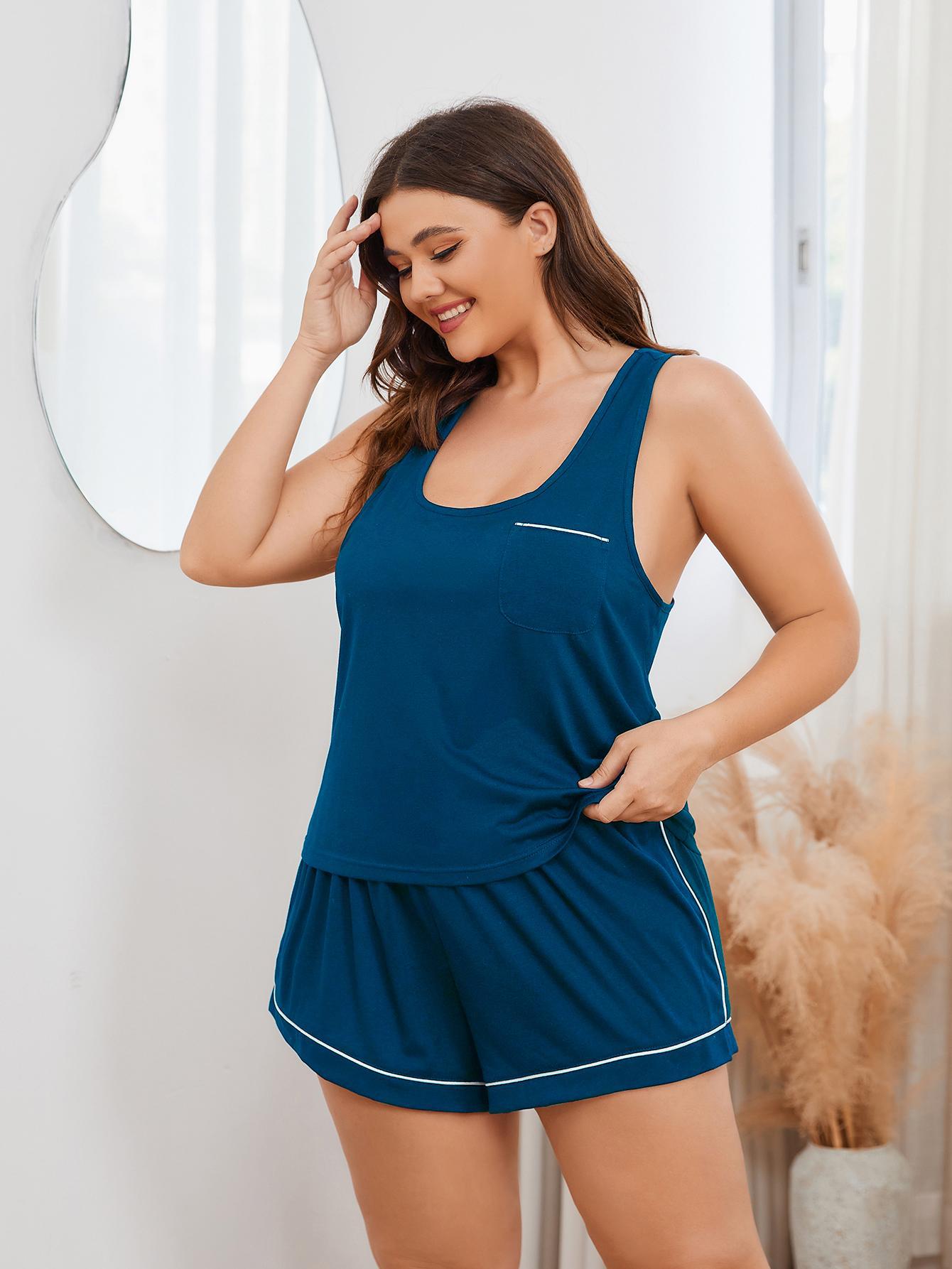 Plus Size Contrast Piping Racerback Tank and Shorts Lounge Set - Treasured Gift's & More