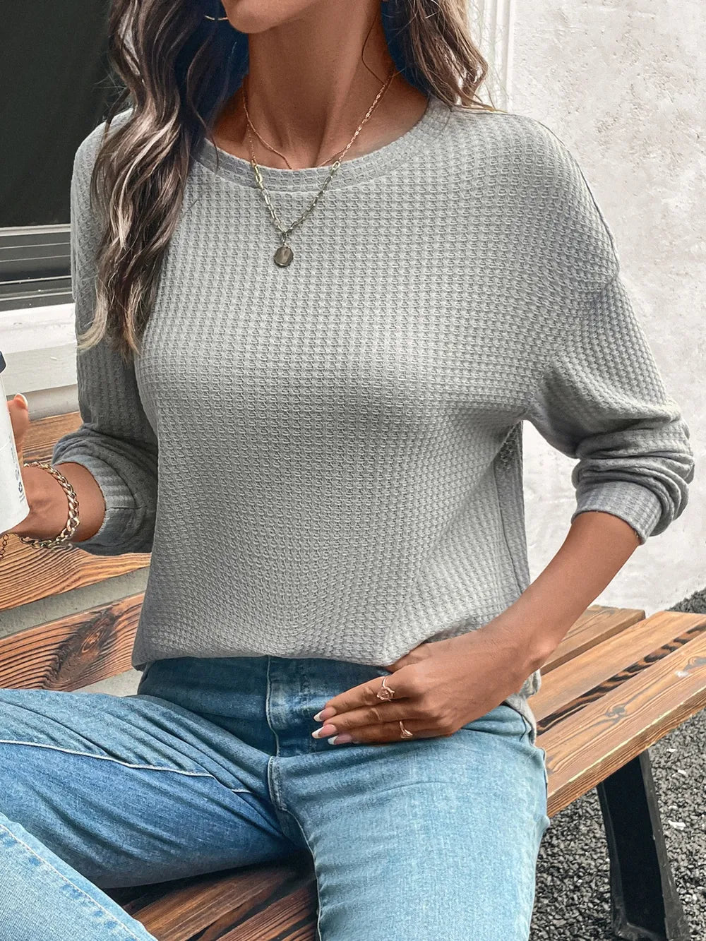 Round Neck Dropped Shoulder Long Sleeve T-Shirt - Treasured Gift's & More