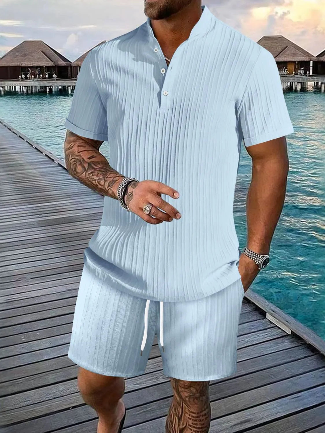 Men's Full Size Button Detail Short Sleeve Top and Shorts Set Plus Size - Treasured Gift's & More