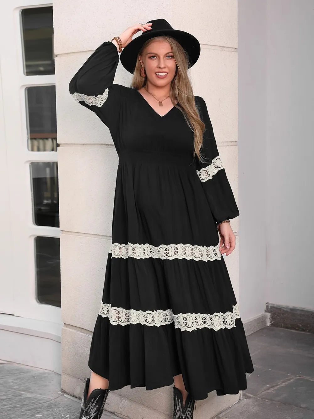 Plus Size Lace Detail V-Neck Long Sleeve Midi Dress - Treasured Gift's & More