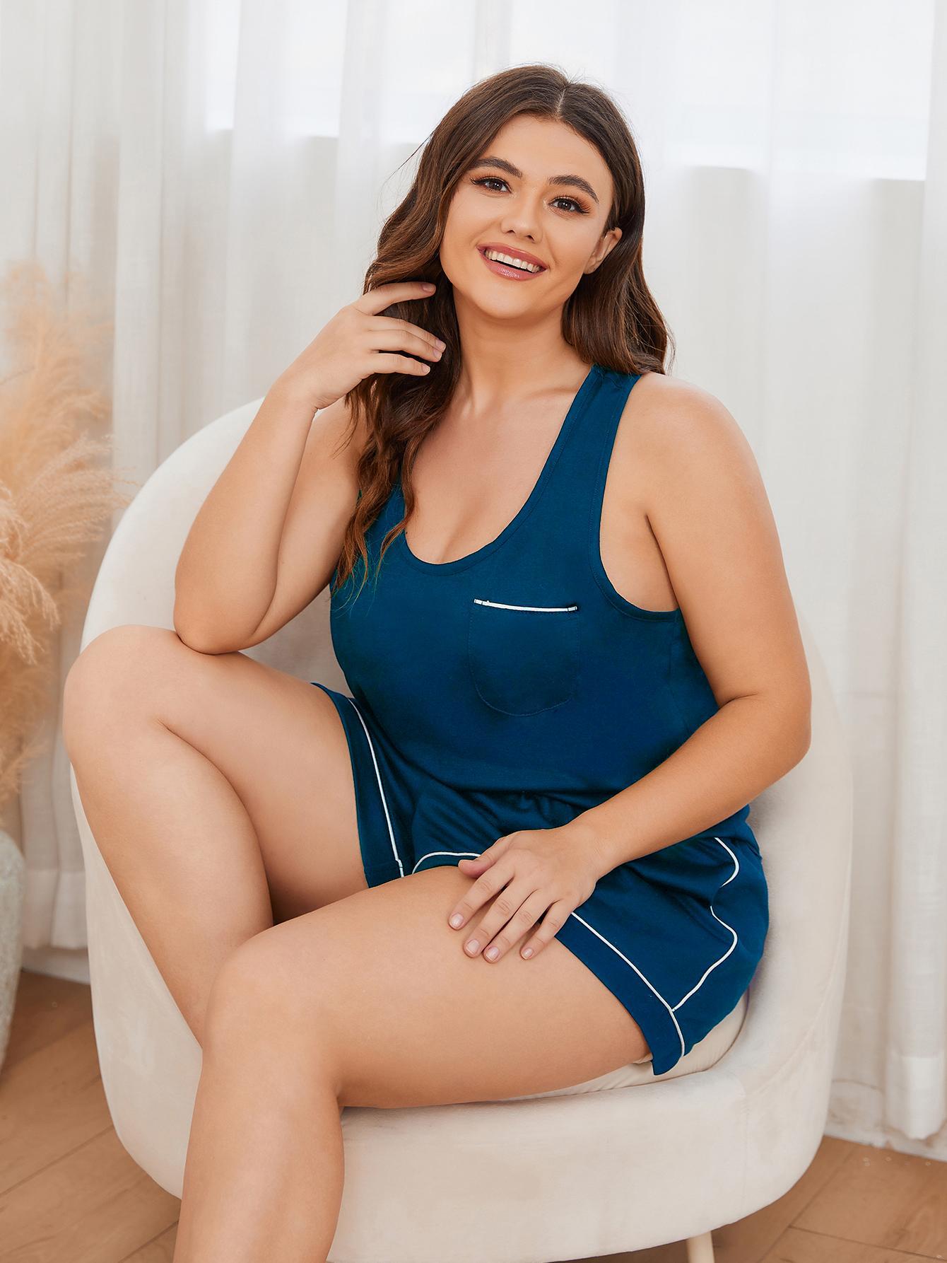 Plus Size Contrast Piping Racerback Tank and Shorts Lounge Set - Treasured Gift's & More