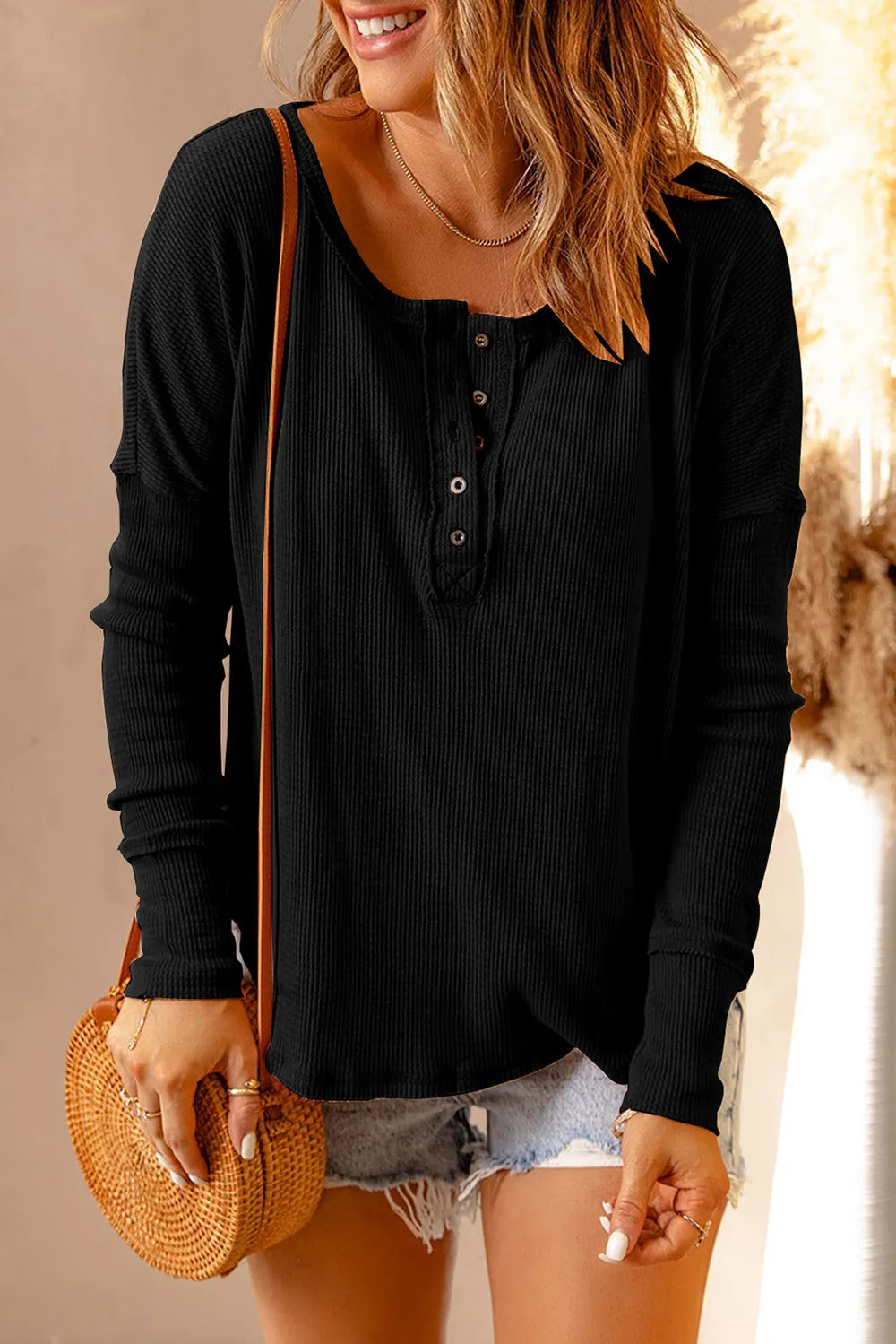Double Take Full Size Half Button Drop Shoulder T-Shirt - Treasured Gift's & More