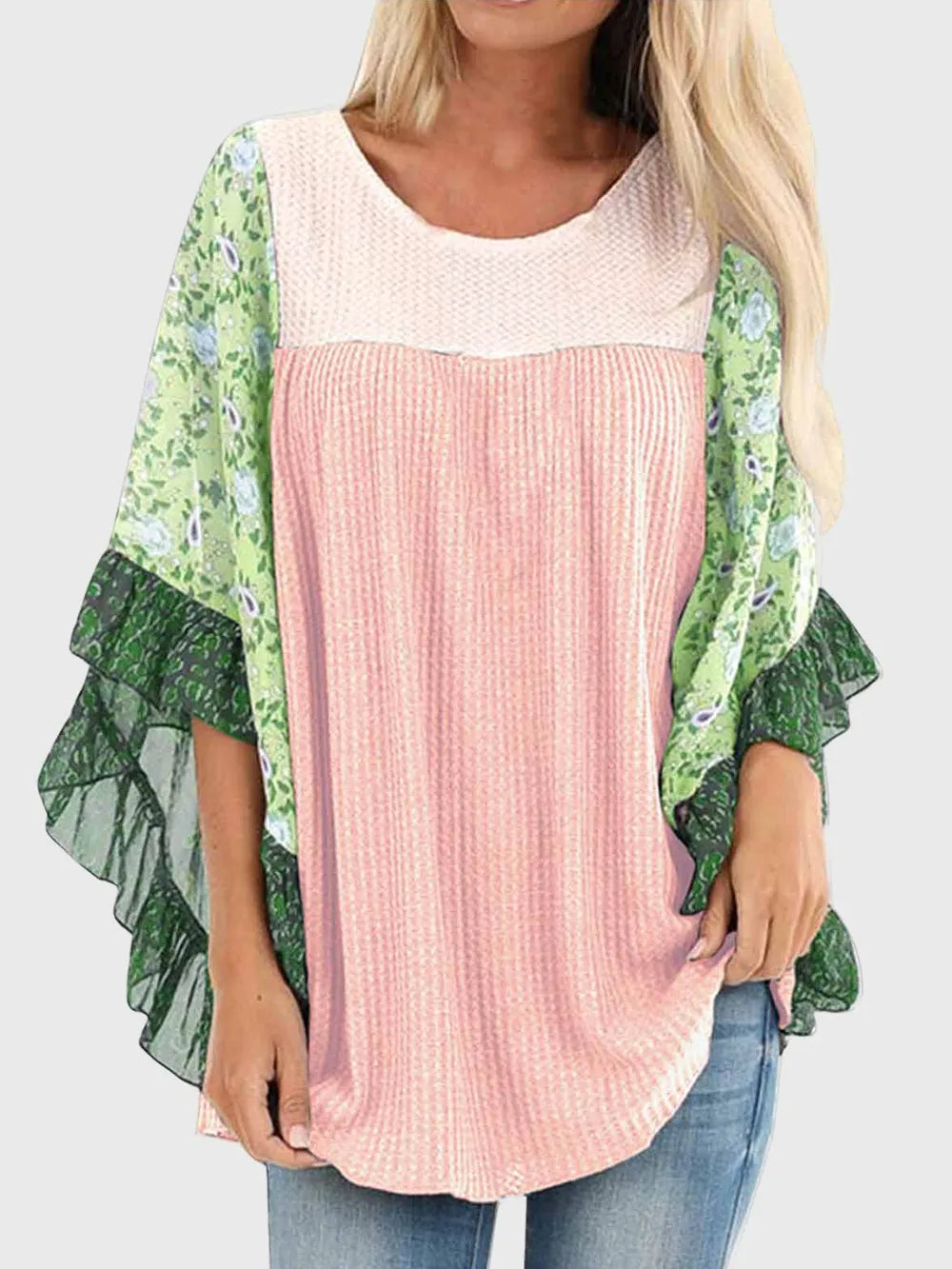 Full Size Printed Round Neck Three-Quarter Sleeve Blouse - Treasured Gift's & More