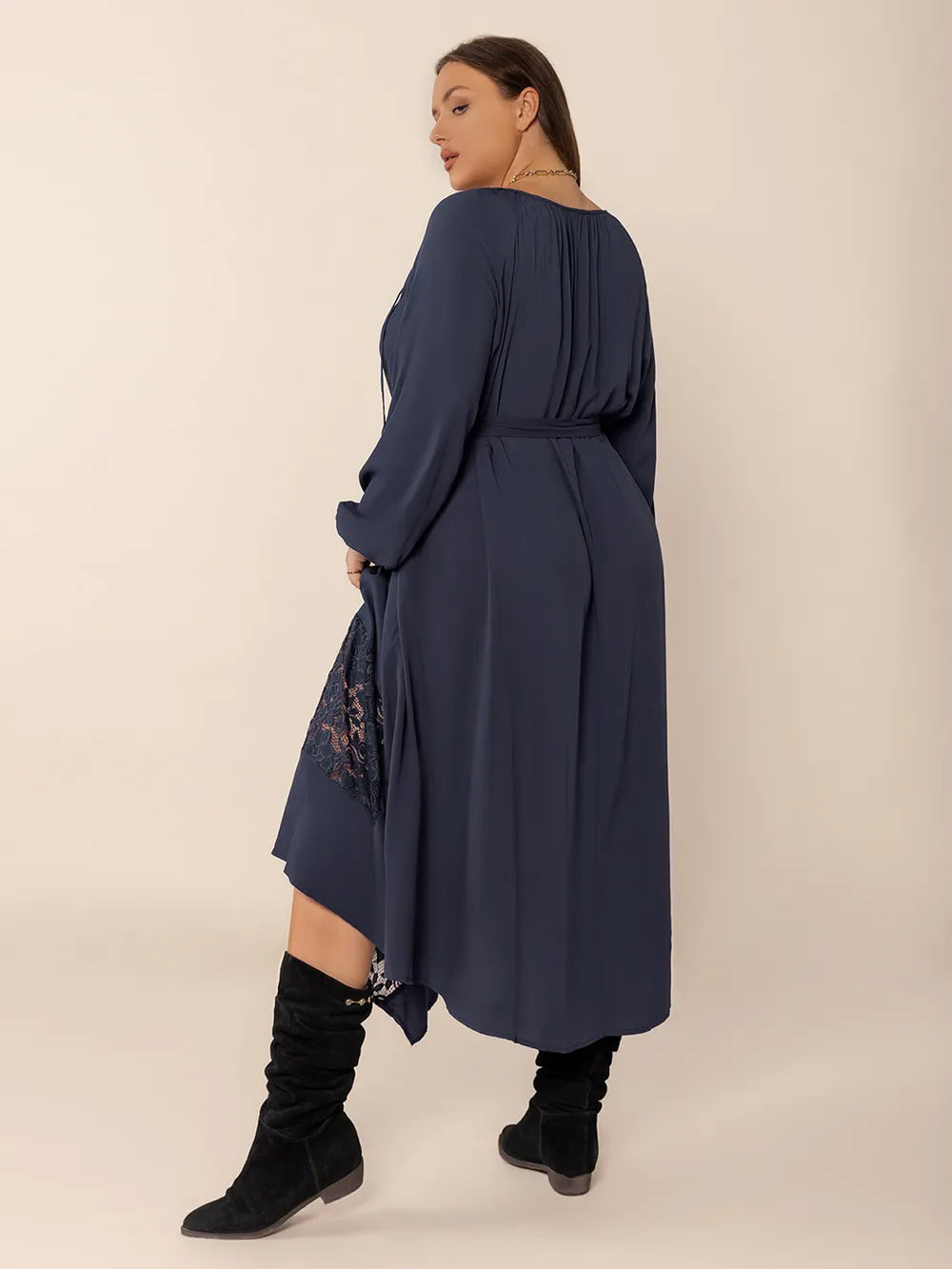 Plus Size Lace Detail Tie Neck Long Sleeve Midi Dress - Treasured Gift's & More