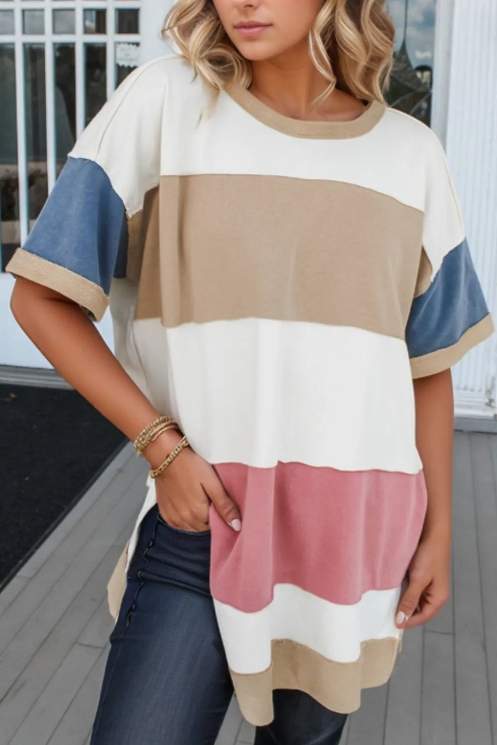 Color Block Patchwork Side Split Tunic T Shirt - Treasured Gift's & More